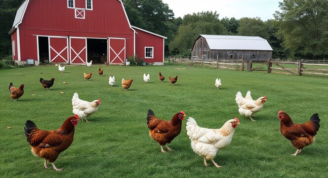 Family farm with chickens roaming freely in the yard