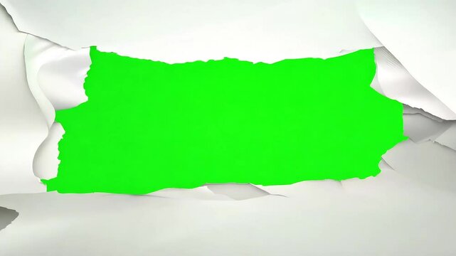 Witness artistic transition beautiful paper ets tear center revealing two versions abstract design indynamic 3D animation ongreen screen rip hole breaking gap opening white sheet wallpaper breach