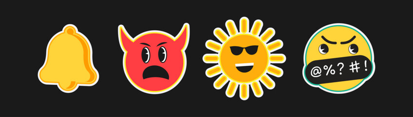 Colorful Emoji Collection with Devil and Angry Faces in Pop Art Style

