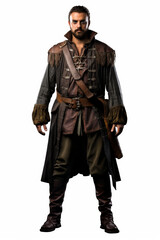 Fototapeta premium Full body shot of a friendly male pirate in detailed costume with white background