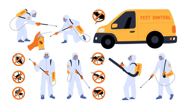 Pest control workers. Parasites extermination. People in protective costumes with chemical insecticide sprayers. Exterminators spray pesticide. Insects fumigation. Garish vector set