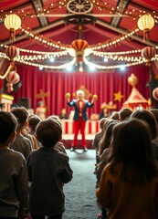 Fototapeta premium Children watching a show inside a decorated and lit circus tent, seen from behind.