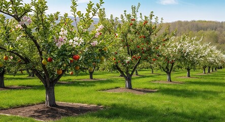 Fototapeta premium Fruit tree orchard in bloom with fragrant flowers