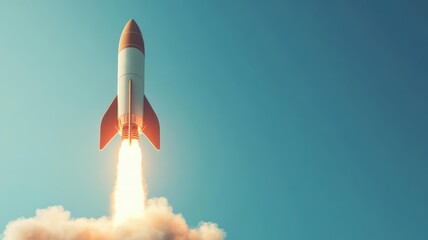 A futuristic arrow-shaped rocket ascending rapidly, leaving a plume of smoke against a clear blue sky, empty space for advertising