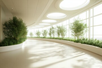 Innovative green building interior with energy-efficient lighting and abundant plant life