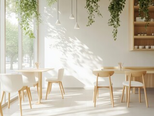 Obraz premium A minimalist dining room with wooden table and chairs, adorned with natural light streaming through a large window