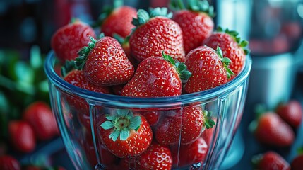 raw strawberries in blender ready to make fresh homemade smoothie healthy lifestyle concept.create by F.a