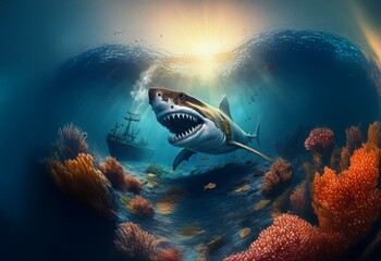Obraz premium A great white shark swims through a sunken shipwreck, surrounded by coral reefs and a scattering of fish.
