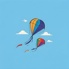 Fototapeta premium A vibrant sky on a sunny afternoon filled with colorful kites soaring high, their tails trailing in the wind against the bright blue backdrop