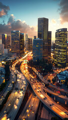 Urban Evening Rush: Cityscape Dusk with Car Headlights on Congested Highway Interchange