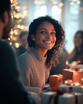 Joyful Coworkers Sharing Festive Moments and Gift-Giving Experience in Holiday Spirit