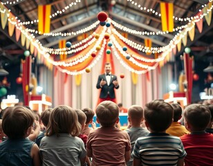Children watching a show inside a decorated and lit circus tent, seen from behind.