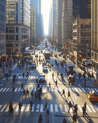 Obraz premium Urban Hustle and Bustle: Busy City Intersection with Pedestrians Crossing during Rush Hour