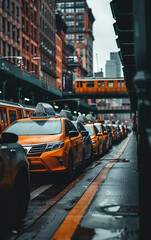 Taxi Cab Waiting at Designated Taxi Stand Outside Busy Train Station in Urban City Setting