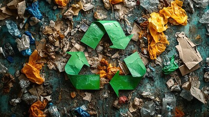 recycling symbol,three green arrows in a triangular loop prominently displayed over a mixed assortment of discarded paper and plastic waste highlighting the importance of recycling.create by F.a