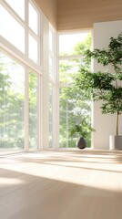 Fototapeta premium Eco-Friendly Modern Lounge Oasis with Indoor Trees and Recycled Materials