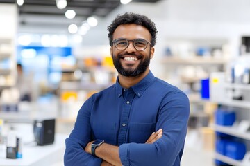 Portrait of a confident and proud consumer electronics industry worker showcasing a feature-rich product in a sophisticated and minimalist showroom setting.