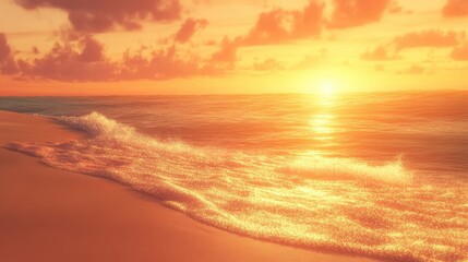 Fototapeta premium A peaceful beach scene with golden sand and soft waves illuminated by a breathtaking sunset, perfect for travel and relaxation themes