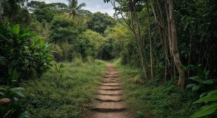 Fototapeta premium Overgrown pathway leading to a secluded spot in the jungle