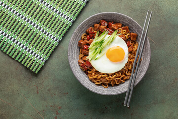 JJajangmyeon. Korean Noodle with Black Sauce and Egg - Korean Food Style. Top view