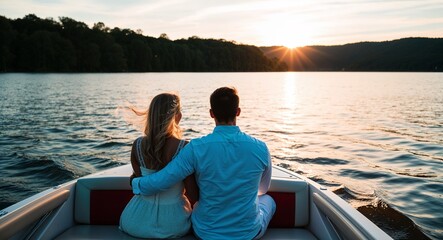 Fototapeta premium Peaceful white couple enjoying a sunset boat ride on the lake