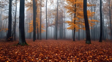 Fototapeta premium A misty forest in autumn, with golden and red leaves covering the ground.