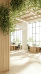 Fototapeta premium Modern Open-Plan Office with Indoor Gardens and Large Windows Boosting Productivity