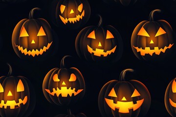 Halloween glowing jack-o'-lantern faces on a black background, a seamless pattern in a cartoon style