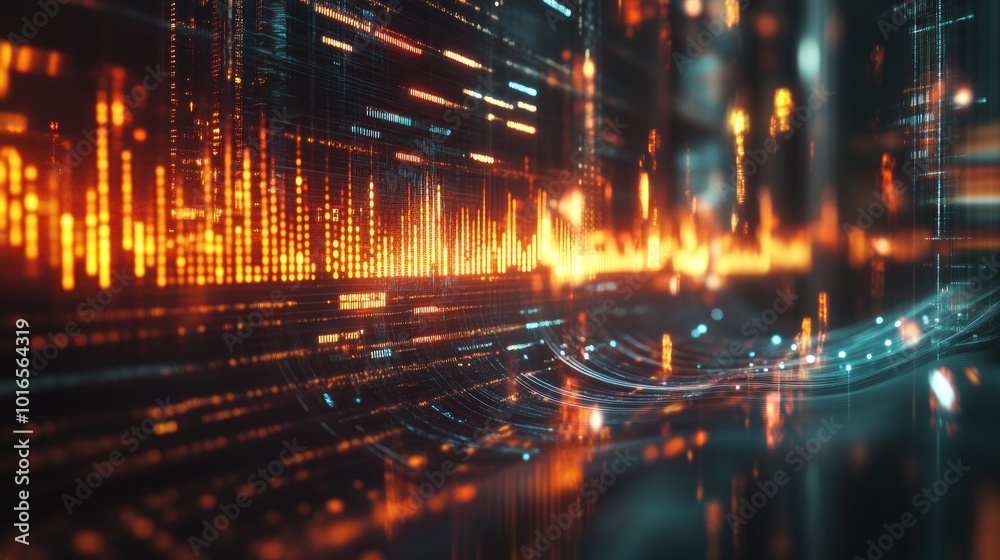 Poster abstract digital visualization of data with glowing elements and wave patterns.