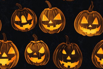 Halloween glowing jack-o'-lantern faces on a black background, a seamless pattern in a cartoon style