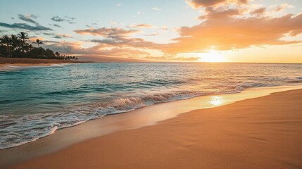 Obraz premium A stunning beach at sunset, with soft waves rolling onto golden sand, and the sky painted in warm oranges and pinks, perfect for vacation photos