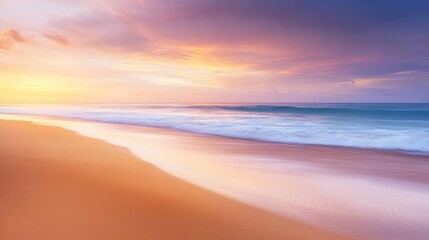 Obraz premium A tranquil beach at dusk, with gentle waves on golden sand, bathed in the soft glow of a breathtaking sunset, ideal for travel and relaxation themes