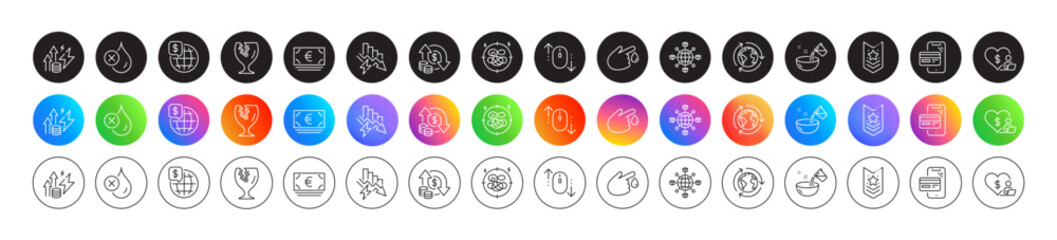 Shoulder strap, World money and Change money line icons. Round icon gradient buttons. Pack of Outsourcing, Stress, No waterproof icon. Volunteer, Euro currency, Scroll down pictogram. Vector