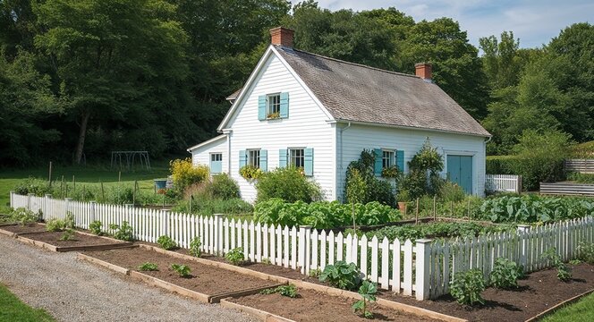 Quaint farmhouse with picket fence and vegetable patch