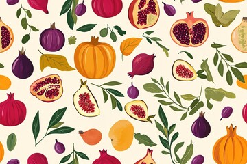 A illustration of colorful autumn fruits and vegetables, including pomegranates, figs, leaves, and pumpkins