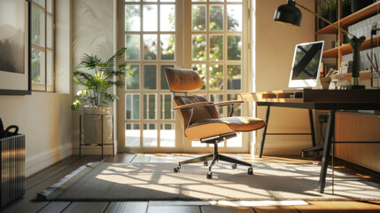 Fototapeta premium A sleek ergonomic office chair in a modern home office, offering lumbar support and adjustable settings for maximum comfort.