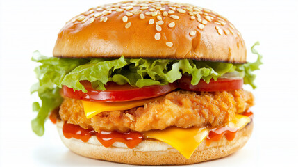 A delicious chicken burger with fresh vegetables and a black sesame bun, standing out on a minimalist white background