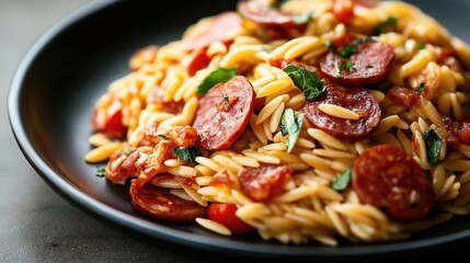 Close-up of a dish with orzo pasta, sliced chorizo sausage, fresh tomatoes, and basil served on a black plate.
