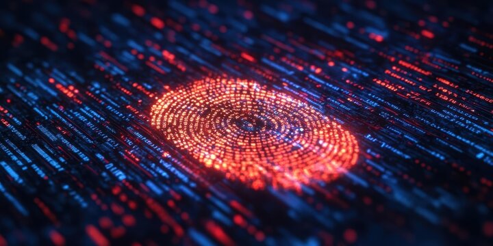 A glowing digital fingerprint hovering in a dark space, surrounded by binary code, representing biometric authentication, empty space for advertising