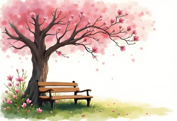 Colorful handmade bright romantic watercolour scenery on paper backdrop with space for text. Cozy old wooden red bench on riverbank grass under beautiful odor lush flowering purple pink peach sapling
