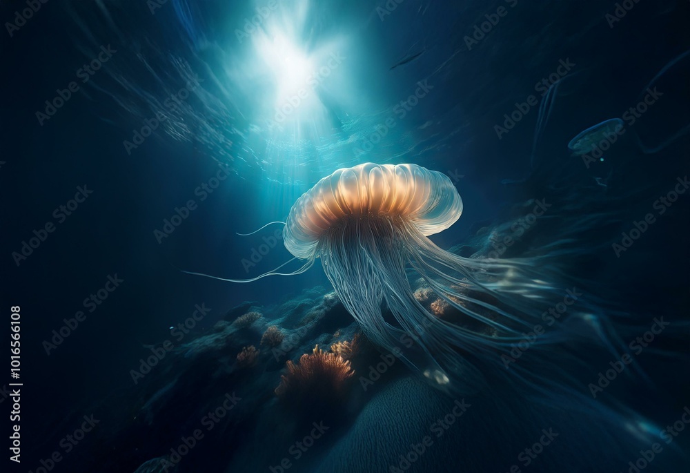 Poster A large jellyfish with long tentacles floats in the deep ocean, a bright beam of light shines through the dark water.