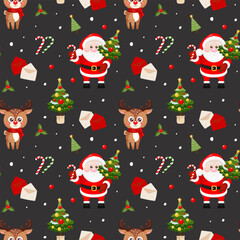 Seamless pattern with Cute Santa Claus, reindeer, Christmas tree, candy cane and holly on black background. Merry Christmas. Design for print, wrapping paper, textile, fabric, wallpaper