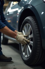Mechanic inspecting car wheel in auto repair shop.
