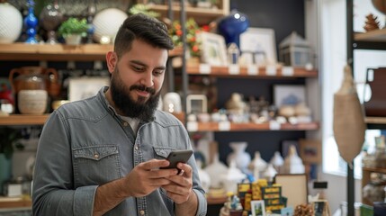Handsome hispanic man with beard in home decor shop interior uses phone. Man surrounded by shelves of various decorations in store. Blue shirted guy looks at phone, smiling, in modern, casual attire.
