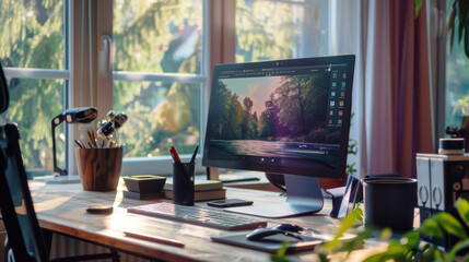 A sleek remote workspace designed for virtual teams, with seamless cloud access, collaborative apps, and video conferencing tools.