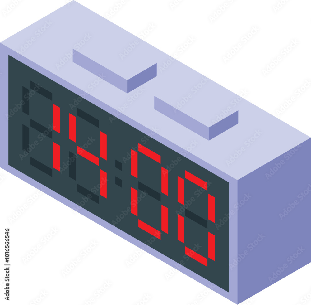 Poster digital alarm clock showing time in red numbers isometric view isolated on white background