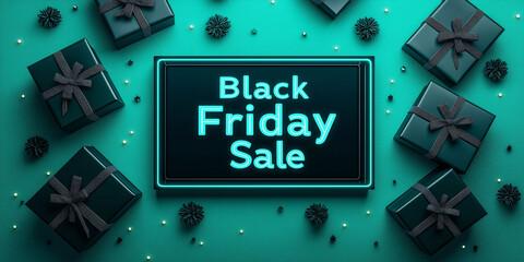 Exciting Black Friday sale announcement with green neon background featuring a bold black sign and stylish gift boxes surrounding it