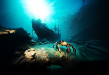 Fototapeta premium A crab crawls across the sandy bottom of the ocean floor, a sunken ship lies in the background.