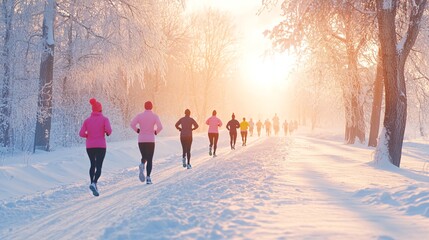 A Group of Friends Jogging Together in a Snowy Winter Wonderland at Sunrise
