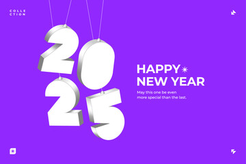 A vibrant purple background featuring a 3D design for the new year 2025 with gray gradient
